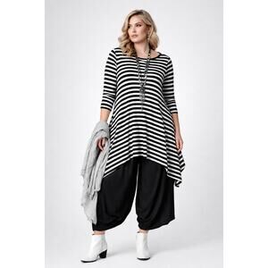 Comfy USA Black White Stripe Tunic Top Sharkbite Lagenlook Oversized M Made USA